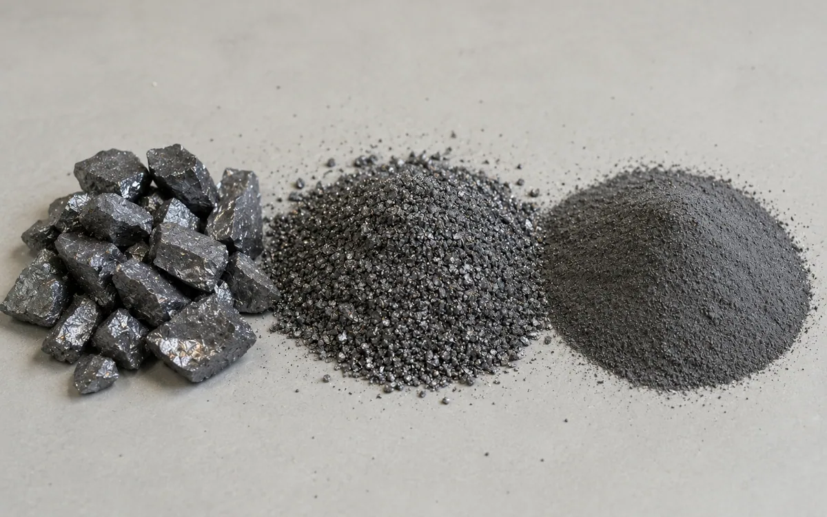 Silicon chunks beside the granules and fine powder milled from them