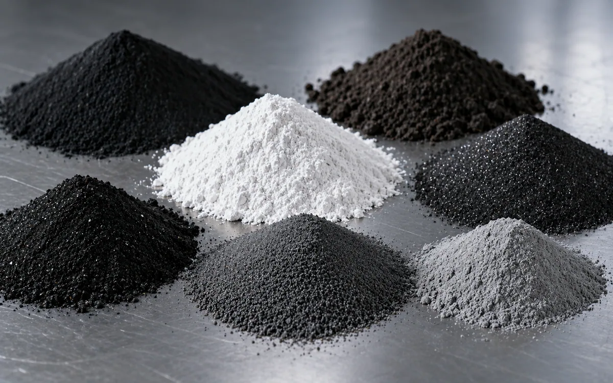 Cones of anode, cathode and additive powders on a stainless bench