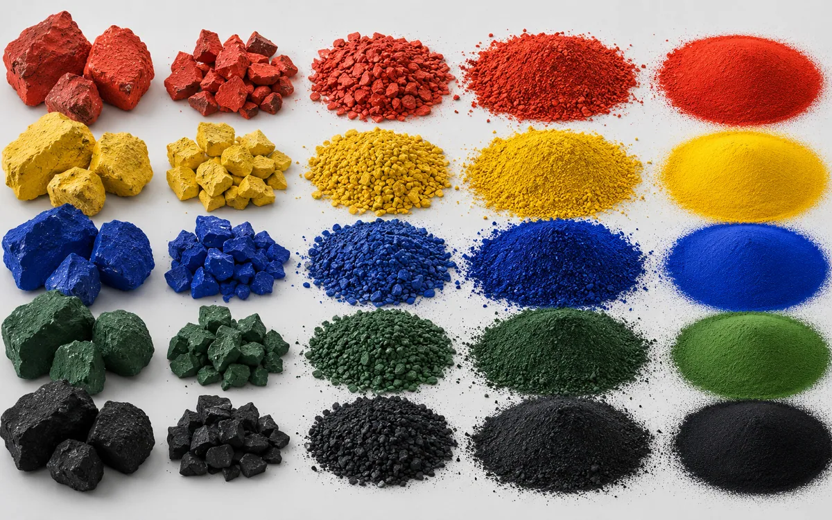 Coarse pigment chunks beside the fine pigment powders milled from them
