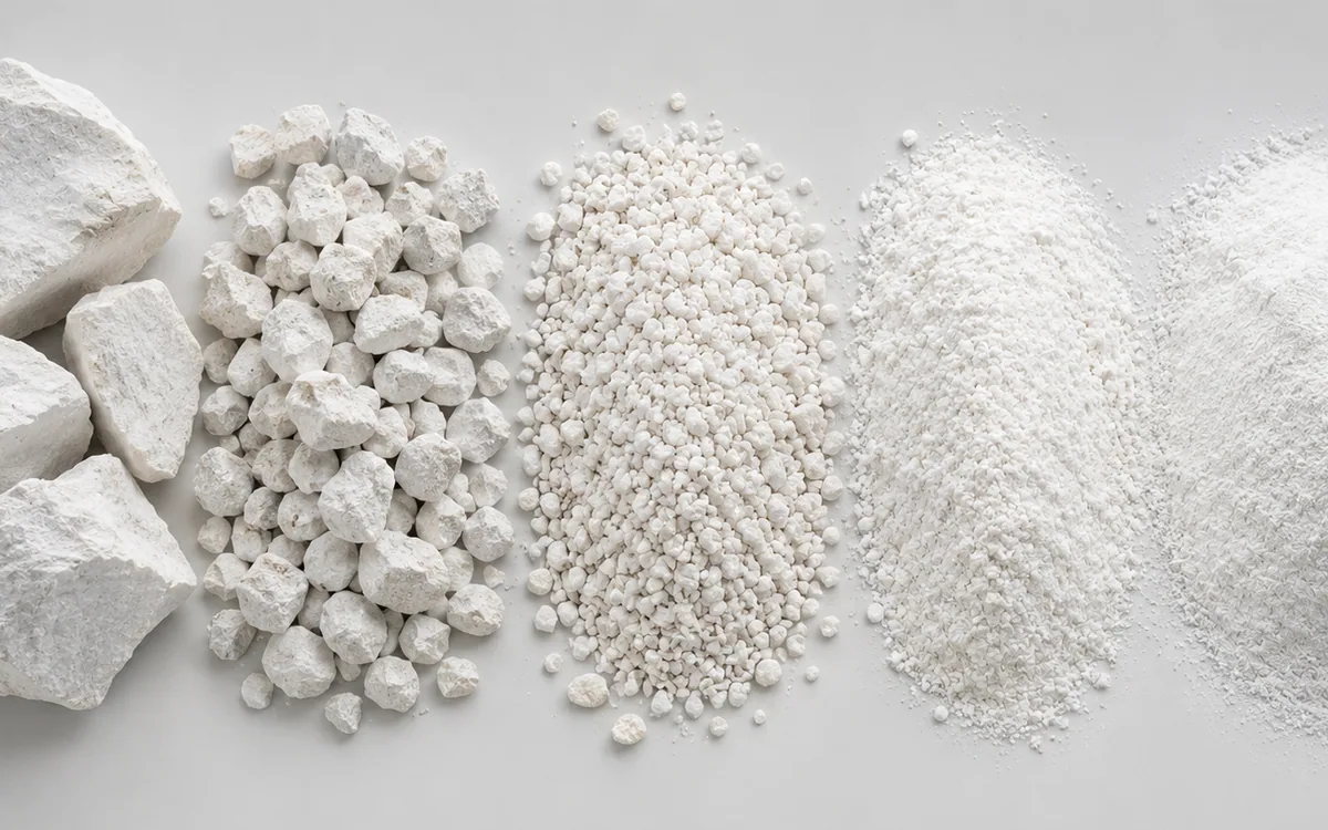 Calcium carbonate as rock, as granules and as fine white powder