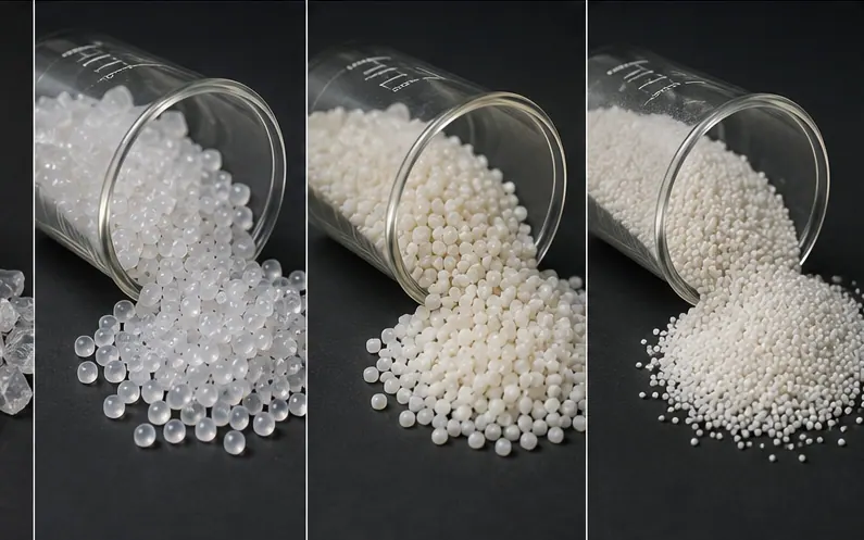 Polymer pellets and micronised polymer powder poured from laboratory jars