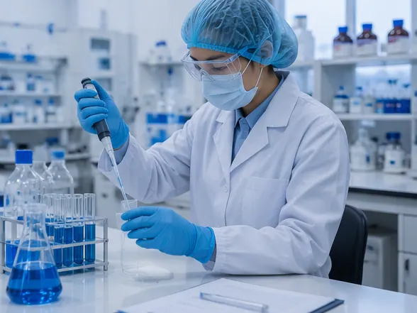 Chemist in a lab coat and gloves pipetting a sample during a quality-control check