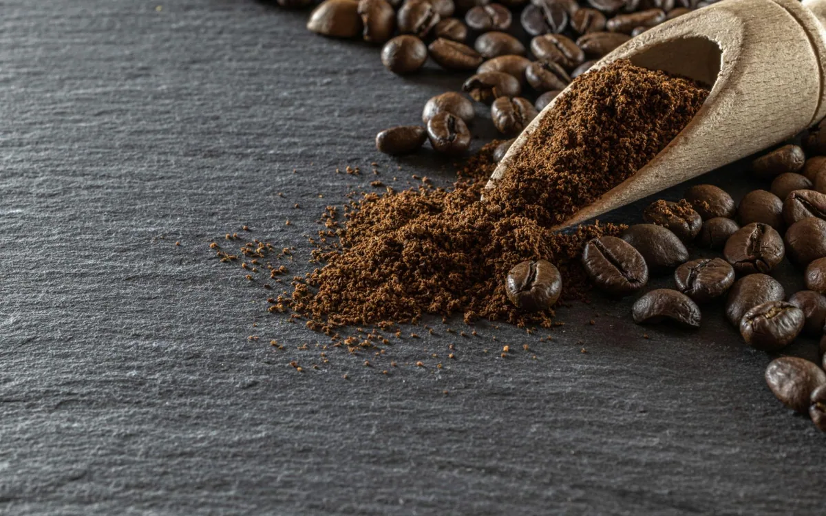 Roasted coffee beans and freshly ground coffee with a wooden scoop on dark slate