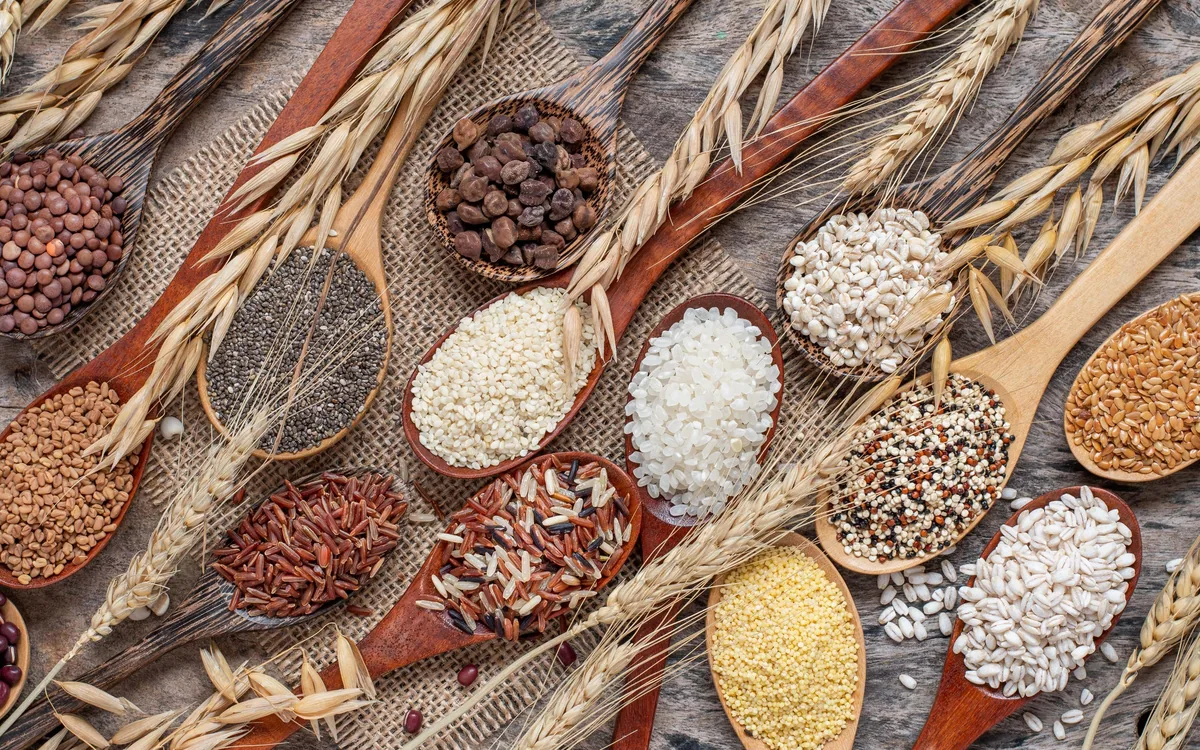 Wheat flour, rice flour and native starches on wooden spoons beside ears of wheat