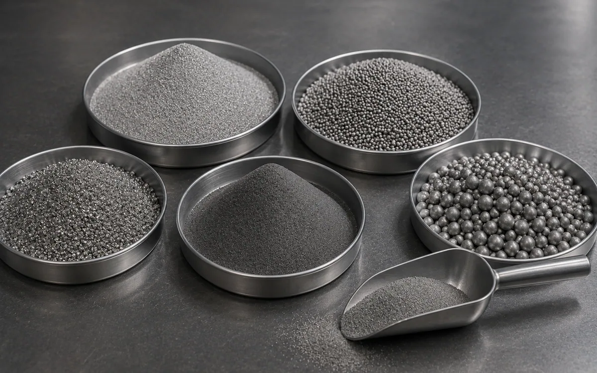 Stainless pans of metal powders and grinding media on a dark bench