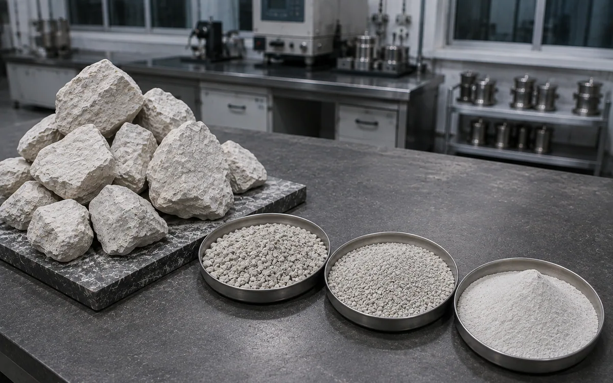 Raw limestone rock beside sieve pans holding the granules and powder milled from it