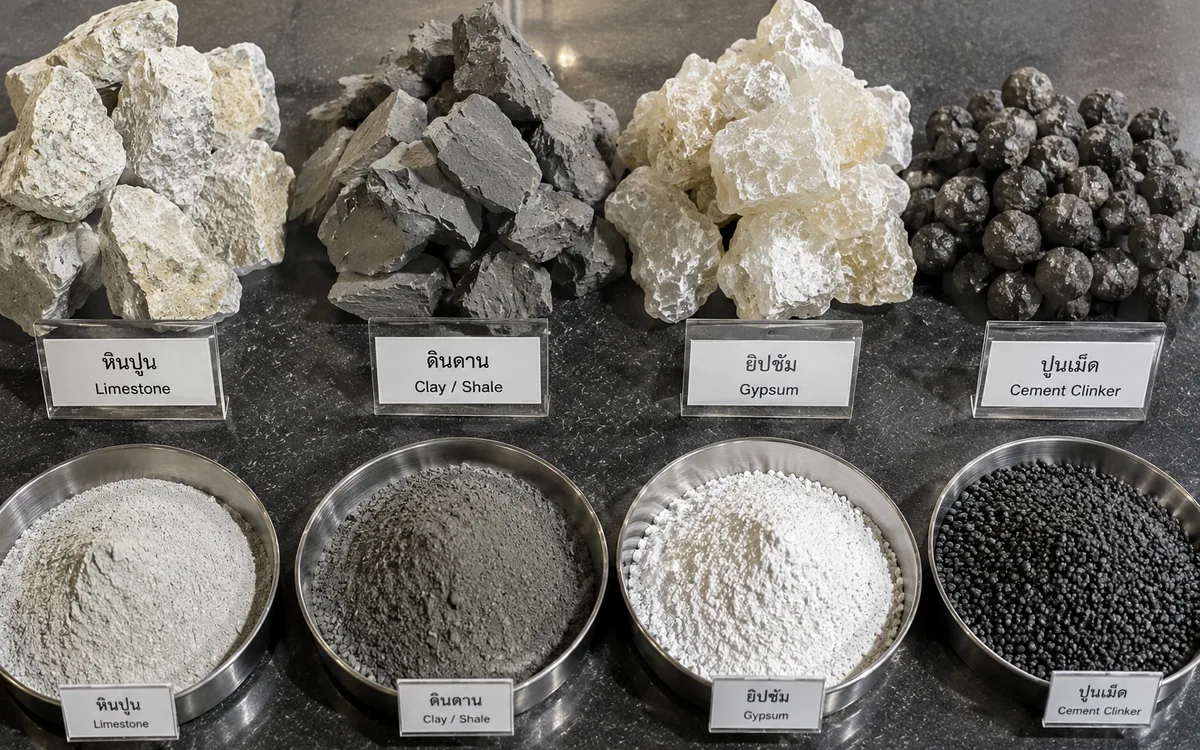 Cement raw materials — limestone, clay and shale, gypsum and clinker — shown as rock and as ground powder