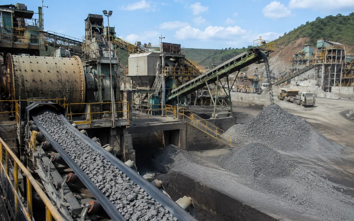 Mineral processing plant with conveyors, a grinding mill and screened aggregate stockpiles