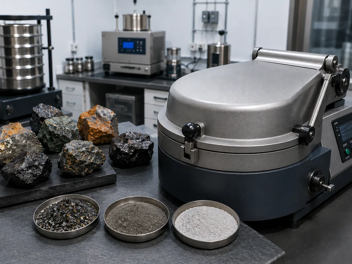 Minerals laboratory with ore samples, a sieve stack, a ring pulveriser and sample pans of ground material