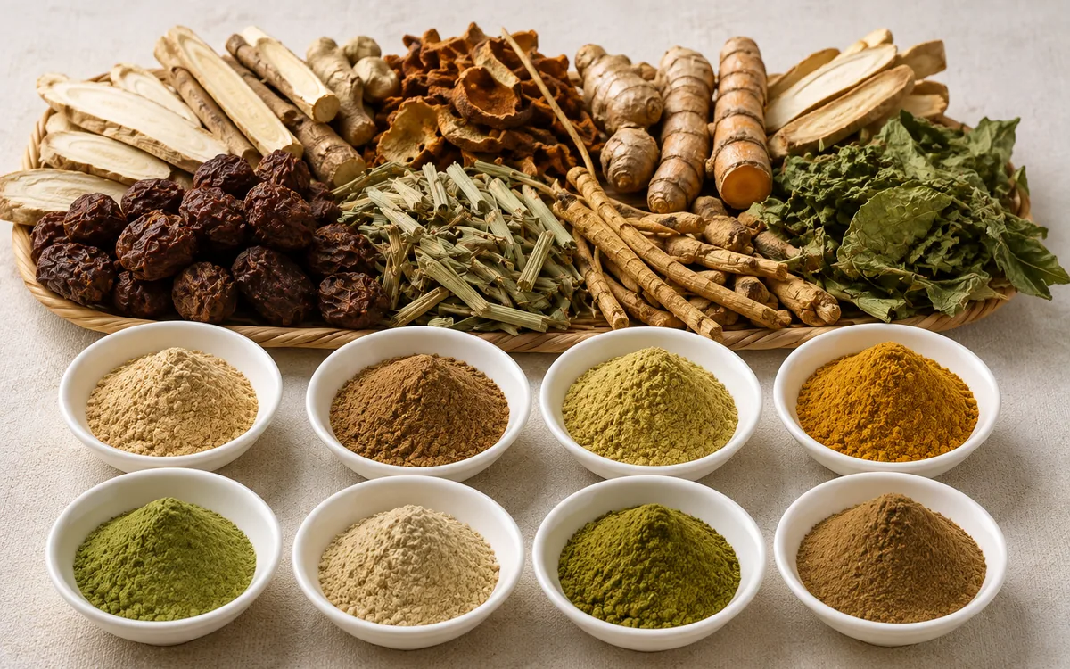Dried roots, bark and rhizomes above bowls of the herbal extract powders milled from them