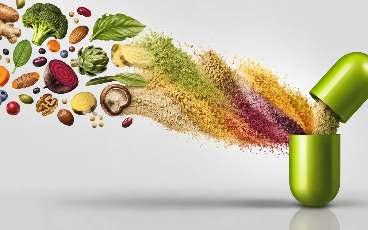 Fruit, vegetable and botanical supplement powders fanned out in a colour sweep