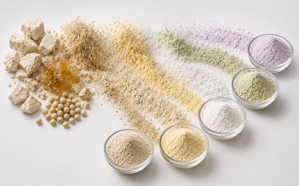 Pale enzyme powders in dishes with fine streaks of the milled product beside them
