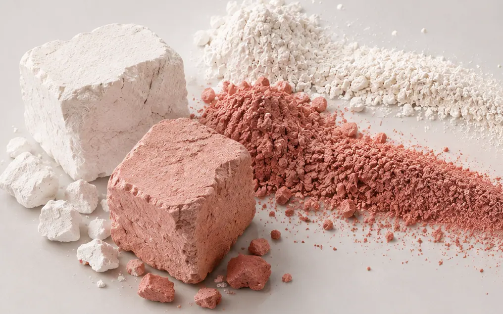 White and pink medical powders milled from tablet-grade solids