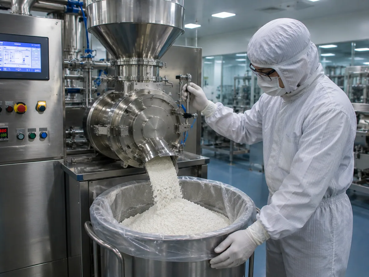 Operator in full cleanroom gown discharging milled powder from a contained mill into a drum
