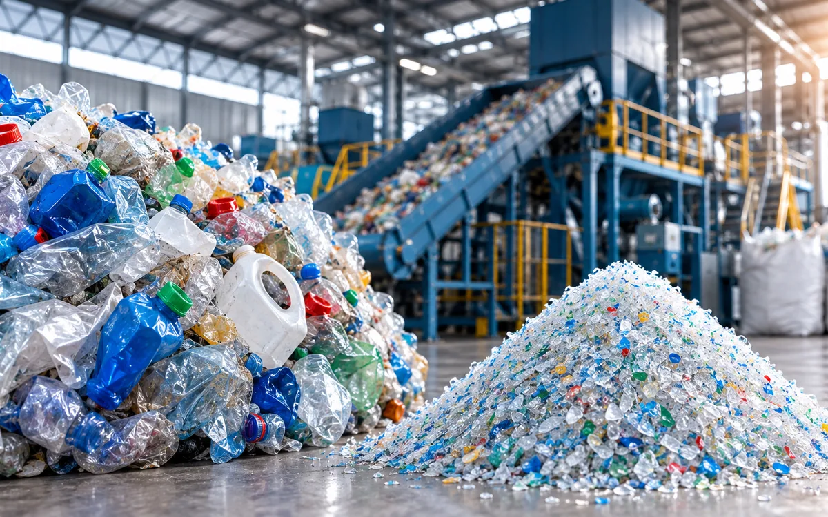 Pile of post-consumer plastic bottles beside the PET flake milled from them