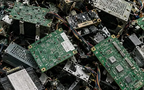 Pile of scrap circuit boards and power supplies waiting to be shredded