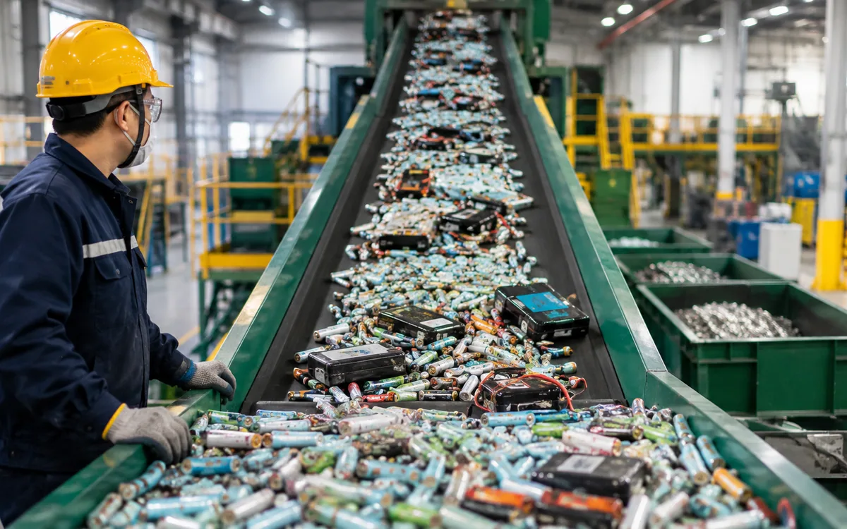 Spent lithium-ion and alkaline cells travelling up a sorting conveyor
