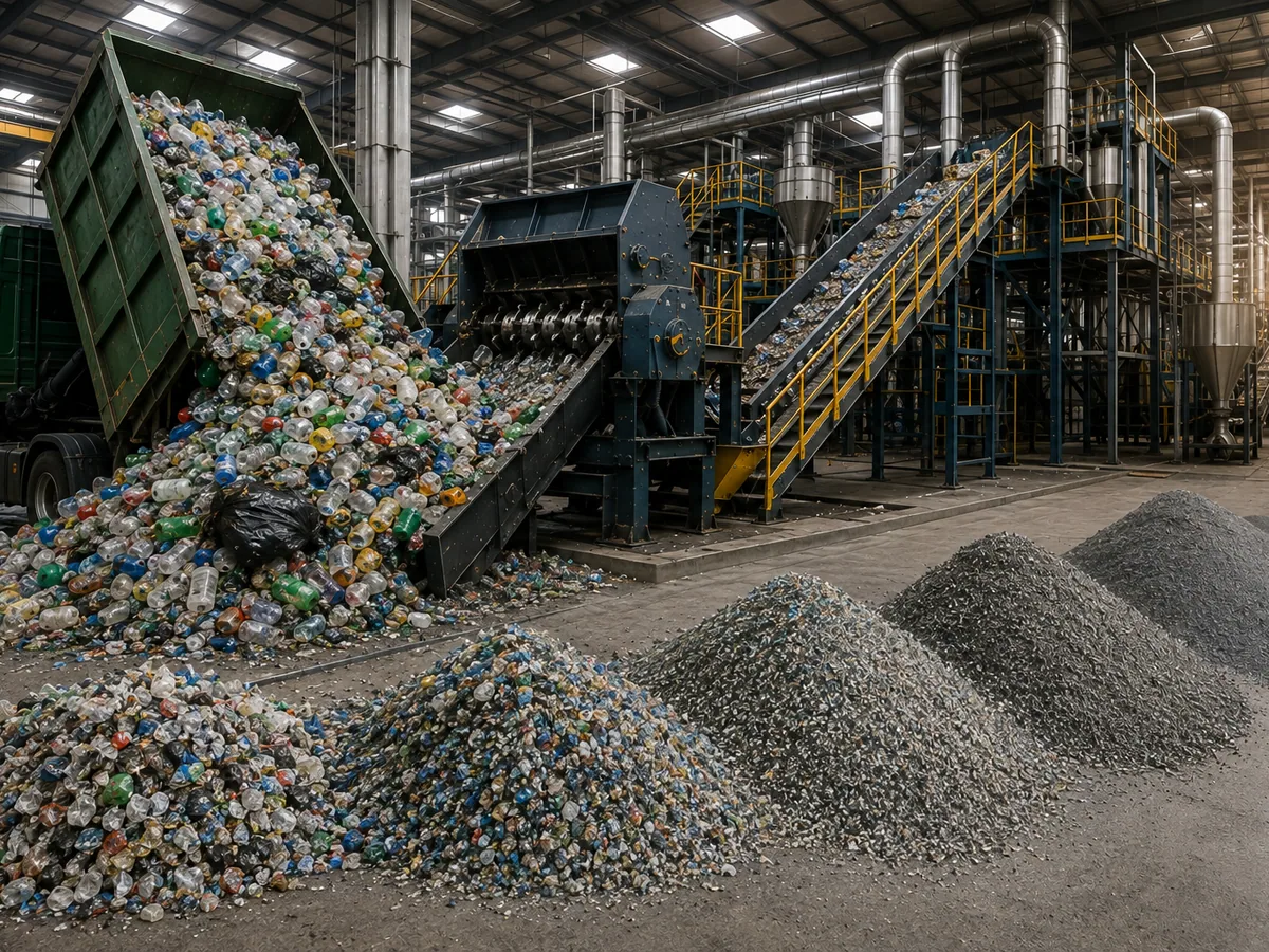 Recycling line with a tipper truck feeding mixed bottles to a shredder and graded material stockpiled alongside