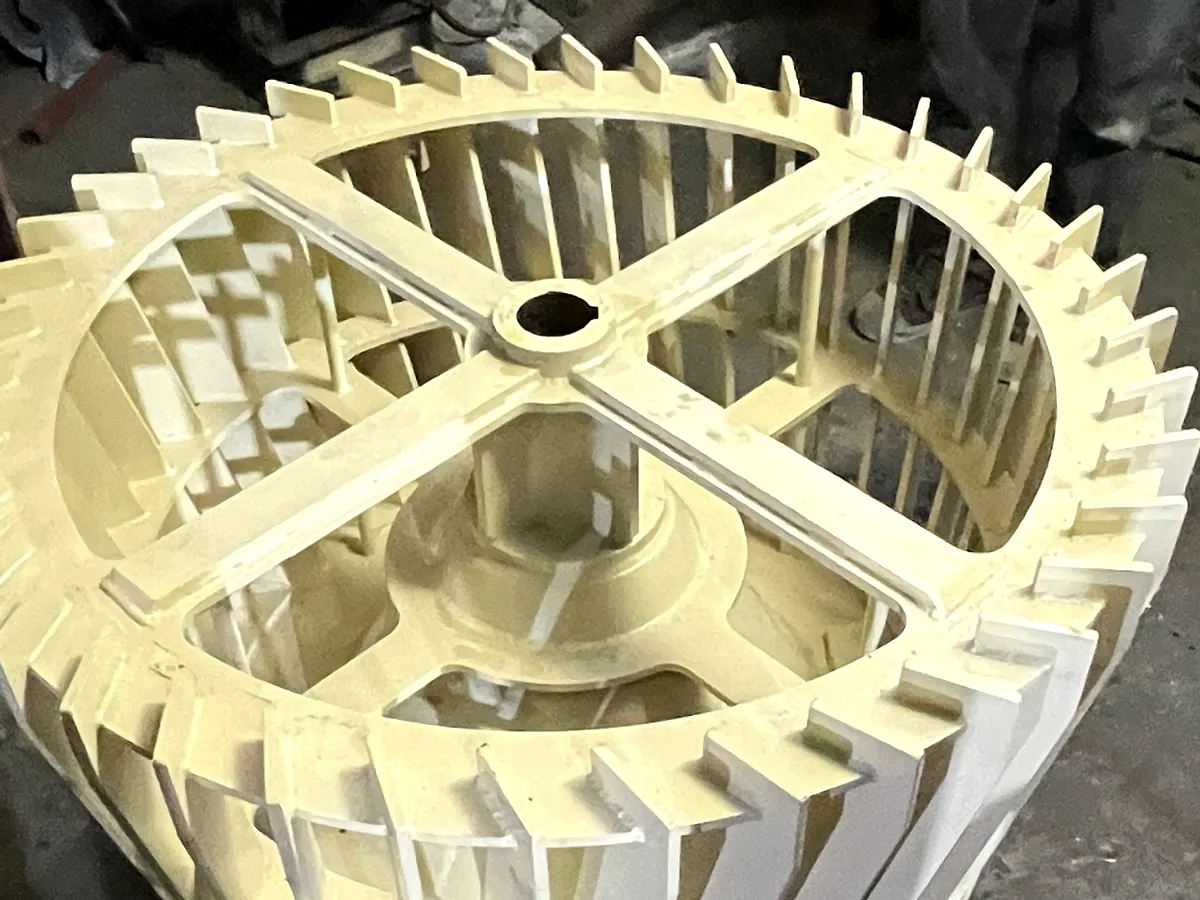 THOR air classifier wheel on its assembly stand, showing the full circle of classifying vanes