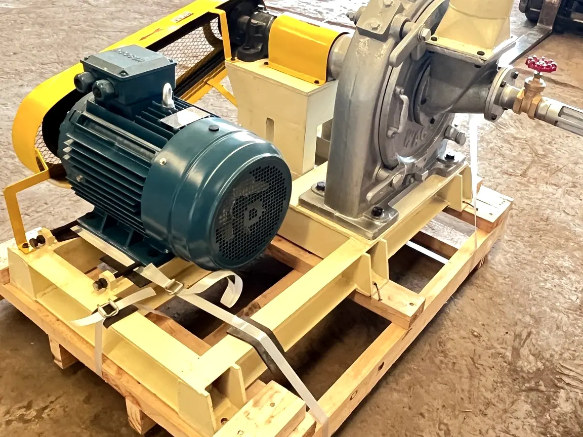 Completed pin mill unit strapped to its export pallet with belt guard and three-phase motor fitted